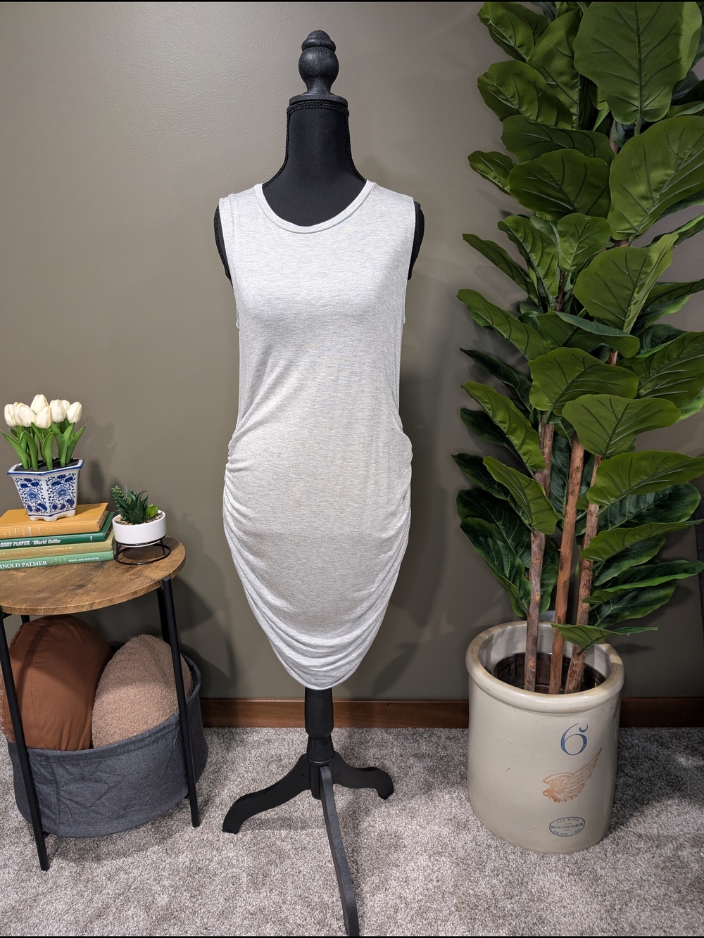 Sleeveless Ruched Mini Dress in Light Gray